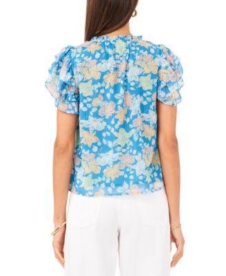 Women's Floral Tie Neck Short Flutter-Sleeve Blouse by 1.STATE