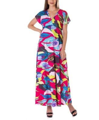 Print V Neck Empire Waist Kimono Cap Sleeve Maxi Dress by 24SEVEN COMFORT APPAREL