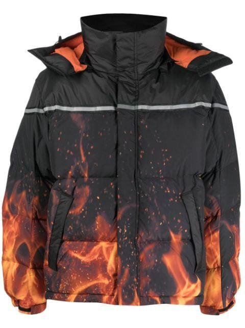 flame-print puffer coat by 313