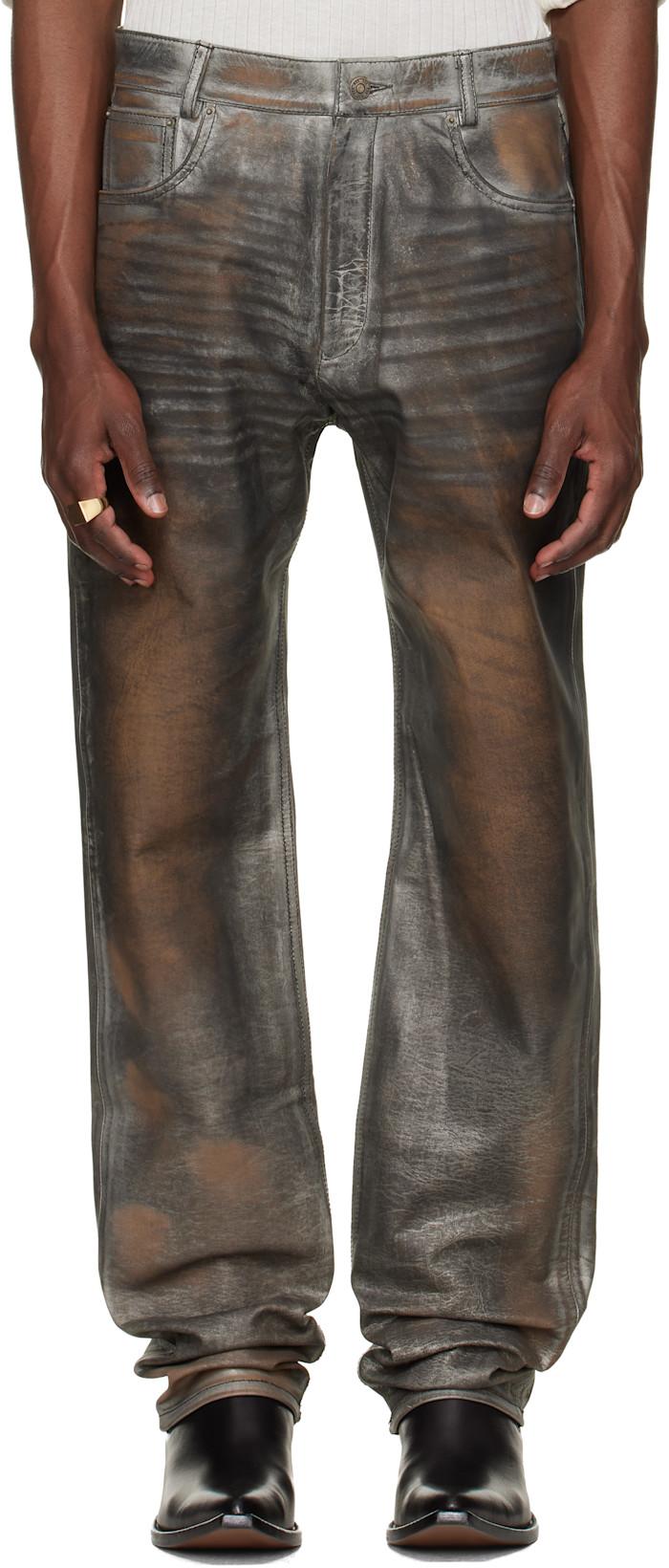 Gray Fivepocket Leather Pants by 424