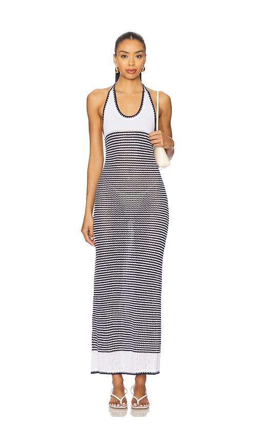 525 America Dena Striped Halter Maxi Dress in White,Navy by 525 AMERICA