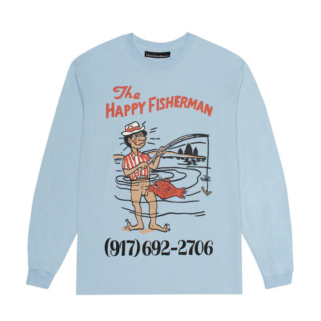 917 Happy Fisherman Long Sleeve T-Shirt (Light Blue) by 917