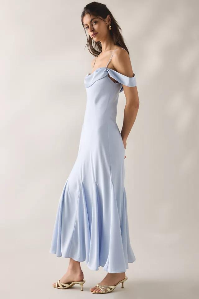 ASTR The Label Araxie Godet Off-The-Shoulder Satin Midi Dress by A ST R THE LABEL