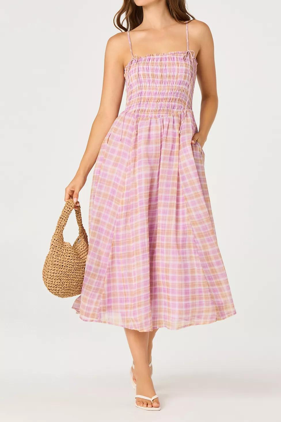 ASTR The Label Lahela Plaid Smocked Tie-Strap Midi Dress by A ST R THE LABEL