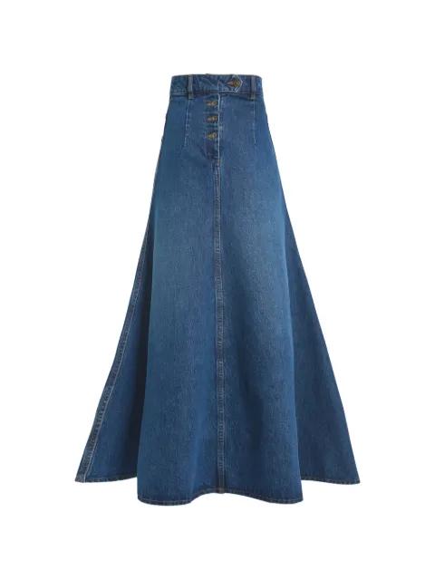 flared denim full skirt by A.W.A.K.E MODE