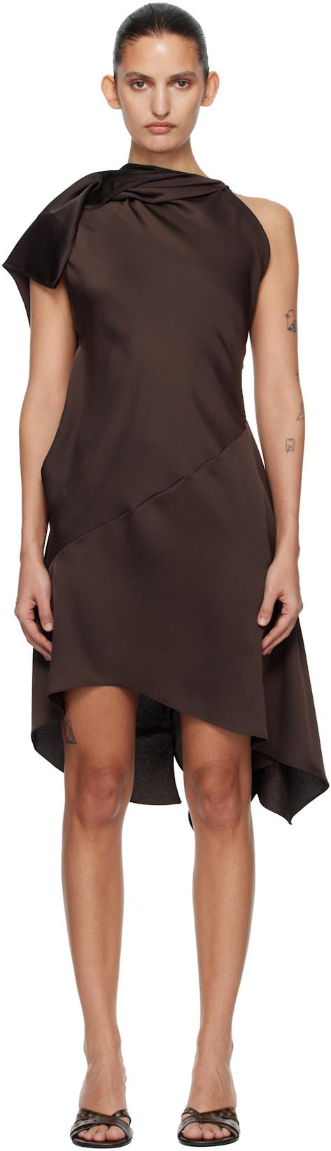 Brown Crepe Satin Cape Sleeve Midi Dress by AARON ESH