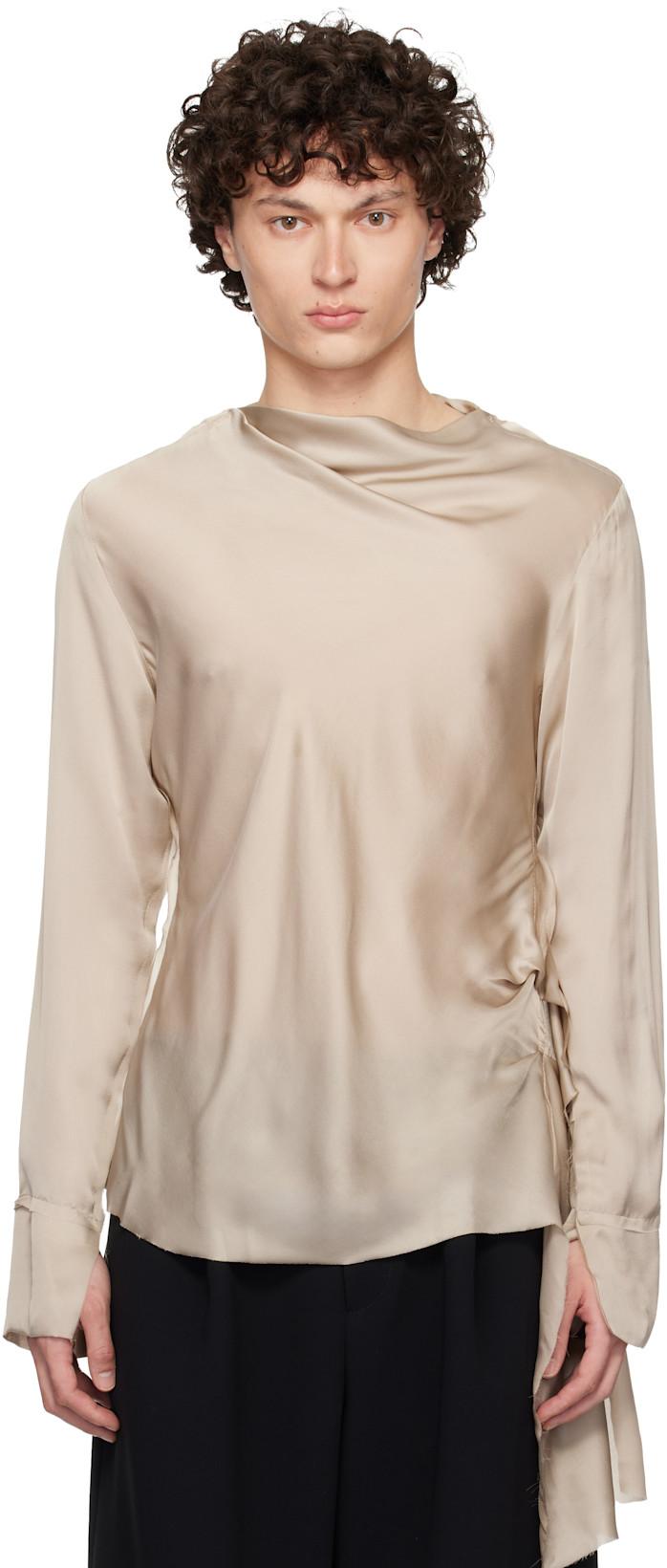 Taupe Draped Neck Long Sleeve Silk Blouse by AARON ESH