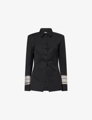 Tailored Collar Embroidered-Cuff Wool-Blend Blazer by ABADIA
