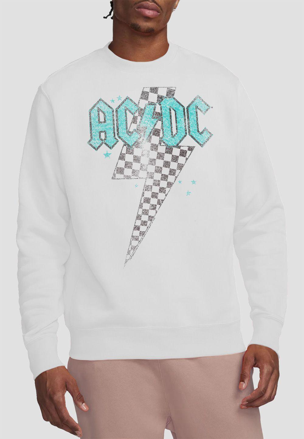 AC/DC Skewed Checkerboard Bolt Crew Sweatshirt, White by AC/DC AC/DC Skewed Checkerboard Bolt Crew Sweatshirt, White by AC/DC