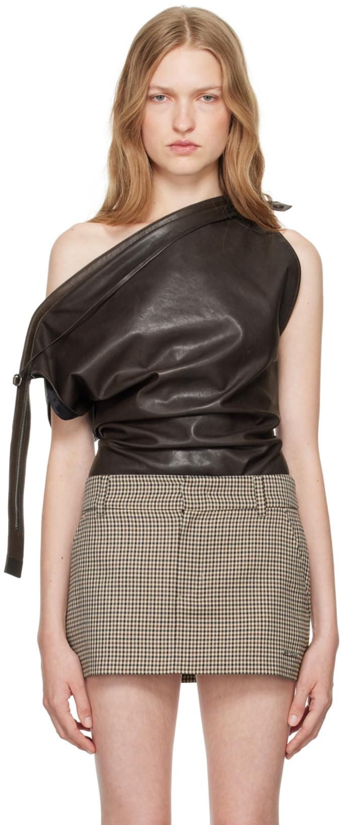 Brown Off Shoulder Leather Bodysuit by ACNE STUDIOS