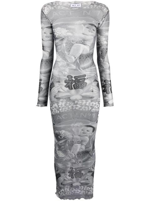 graphic-print semi-sheer dress by ACT NO1