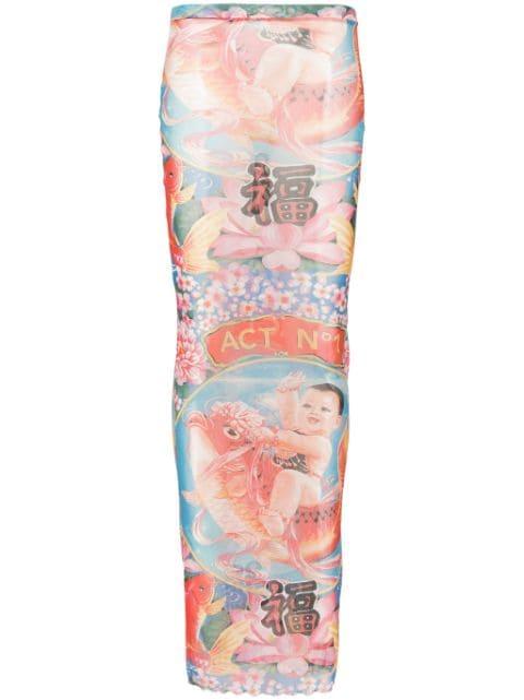 graphic-print semi-sheer maxi skirt by ACT NO1
