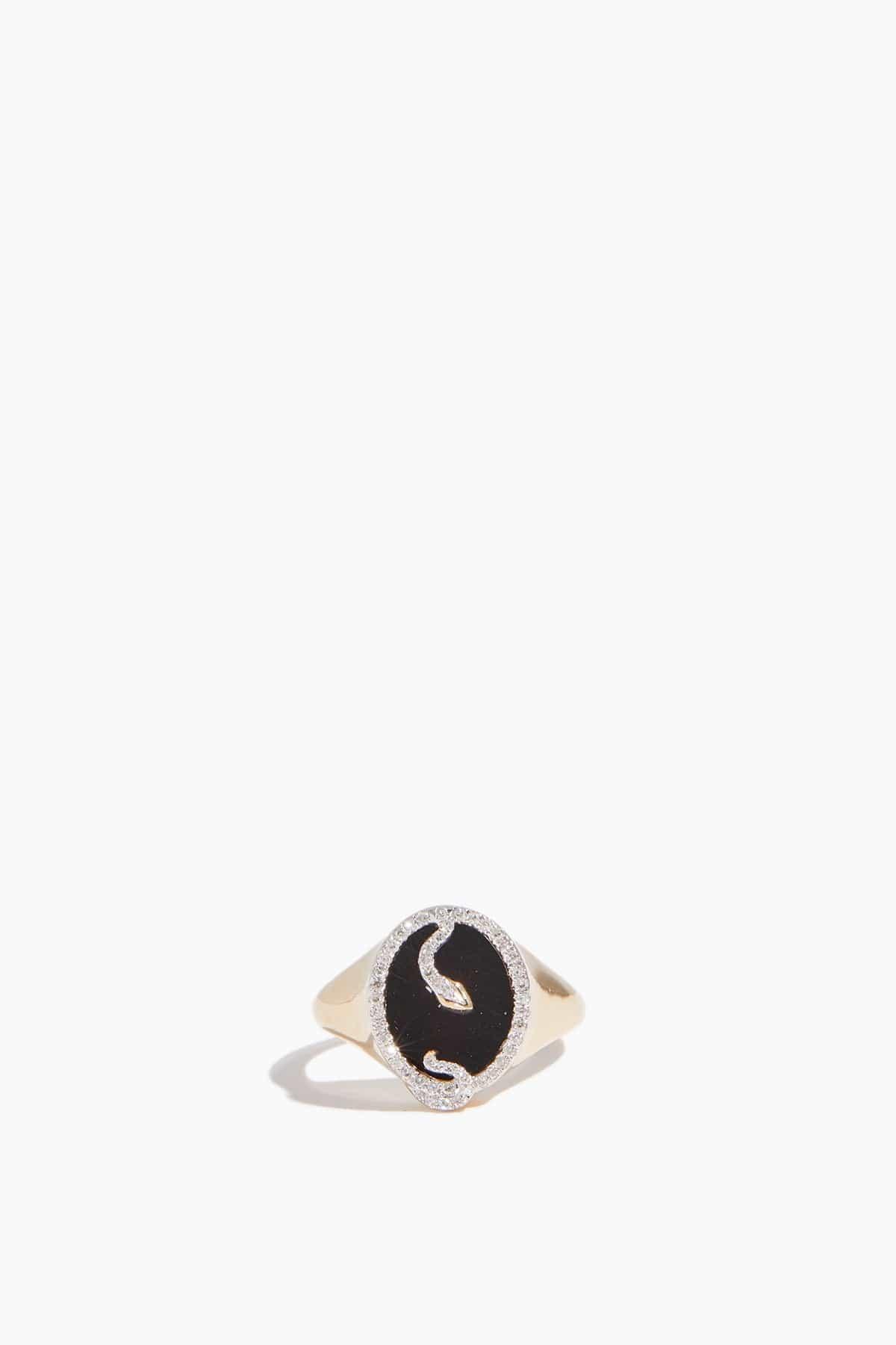 Onyx and Diamond Oval Snake Signet Ring in 14k Yellow Gold by ADINA REYTER