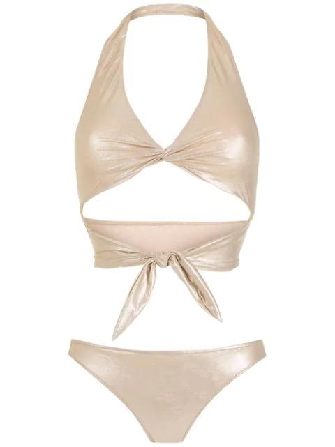 metallic halter neck bikini set by ADRIANA DEGREAS
