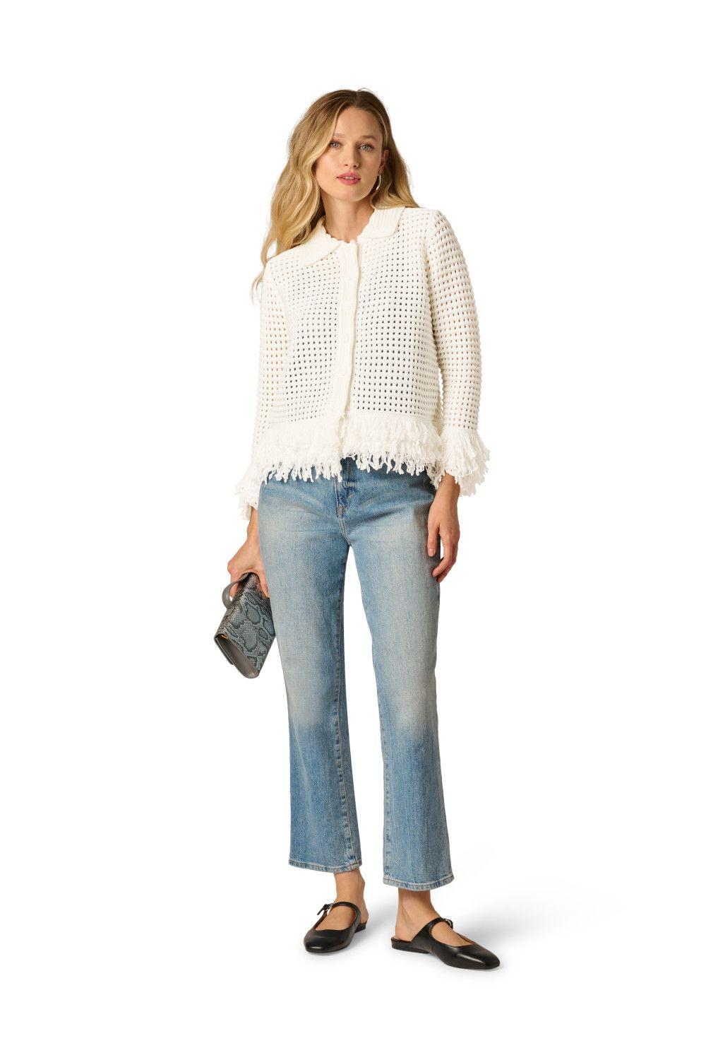 3/4 Sleeve Fringe Cardigan by ADRIANNA PAPELL