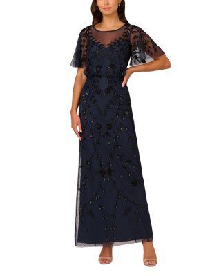 Beaded Mesh Blouson Column Gown by ADRIANNA PAPELL
