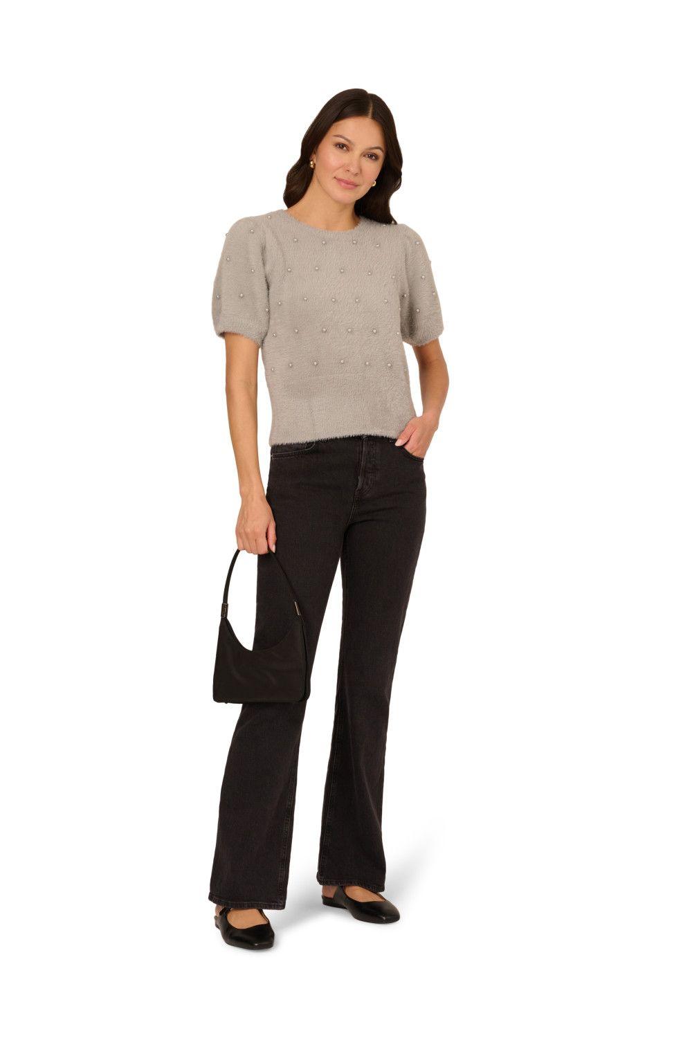 Crew Neck Pearl Embellished Short Sleeve Fuzzy Sweater by ADRIANNA PAPELL