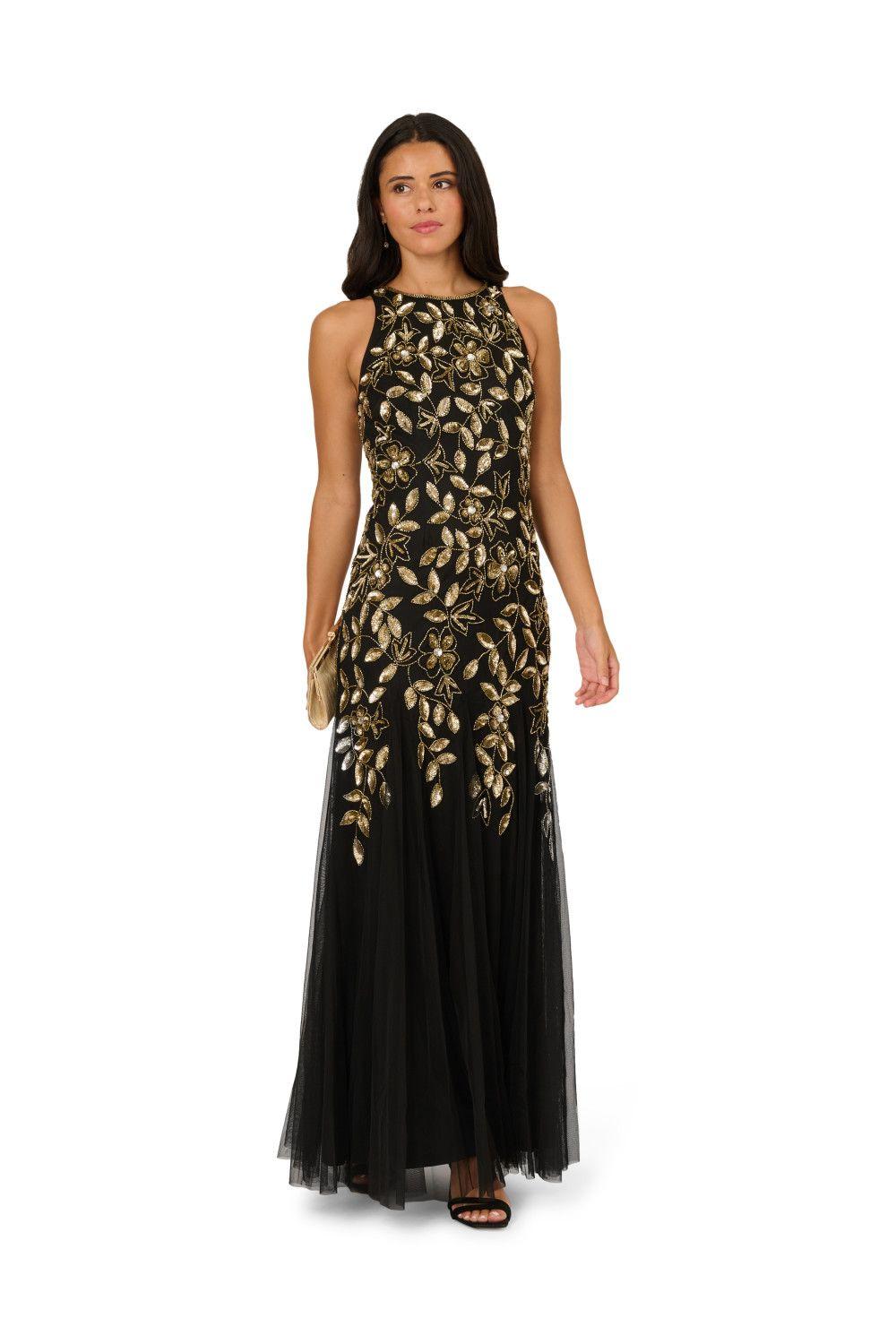 Halter Bead Godet Dress by ADRIANNA PAPELL