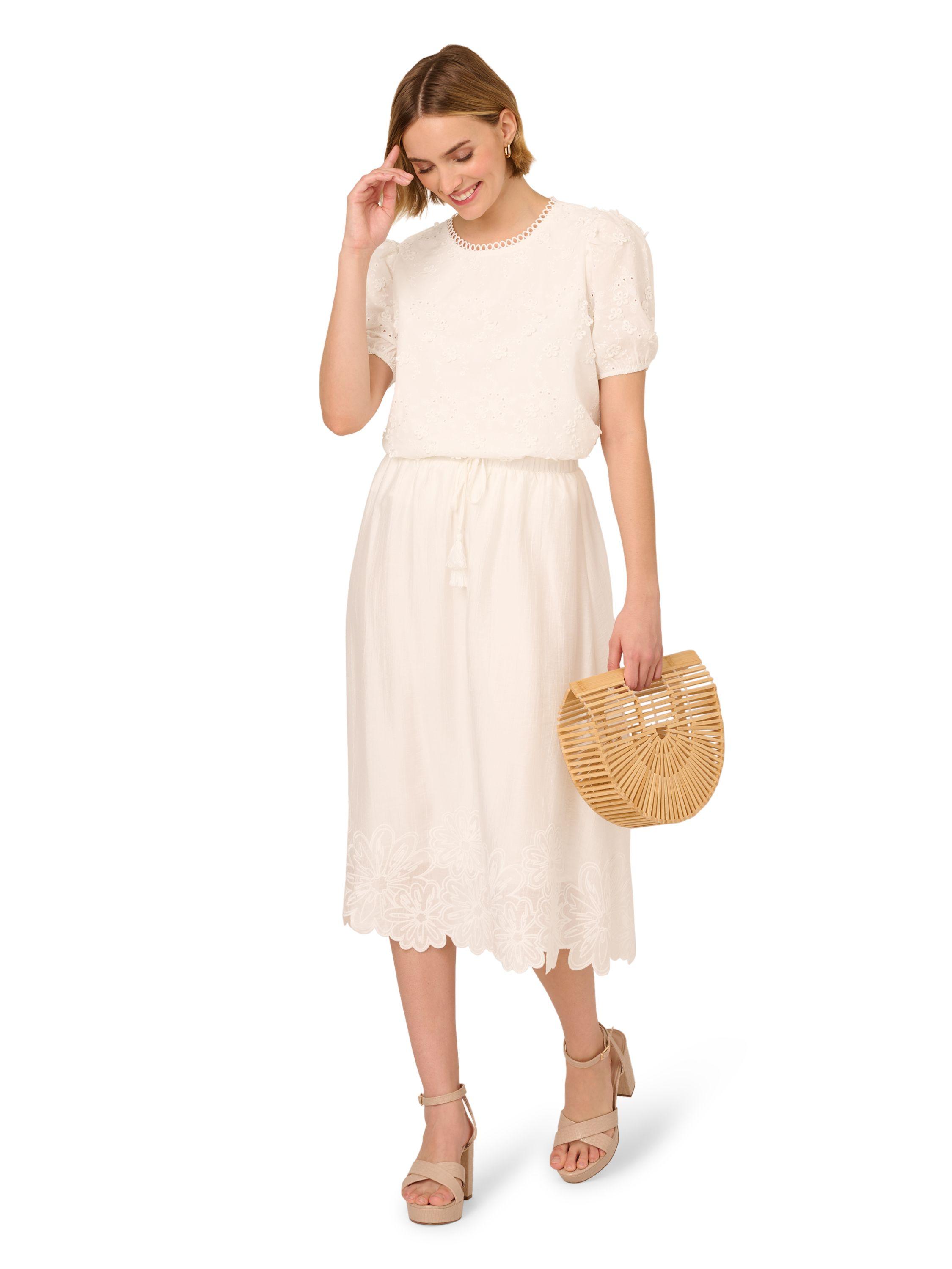 Midi Length Crinkled Pull On Flower Embroidered Hem Skirt by ADRIANNA PAPELL