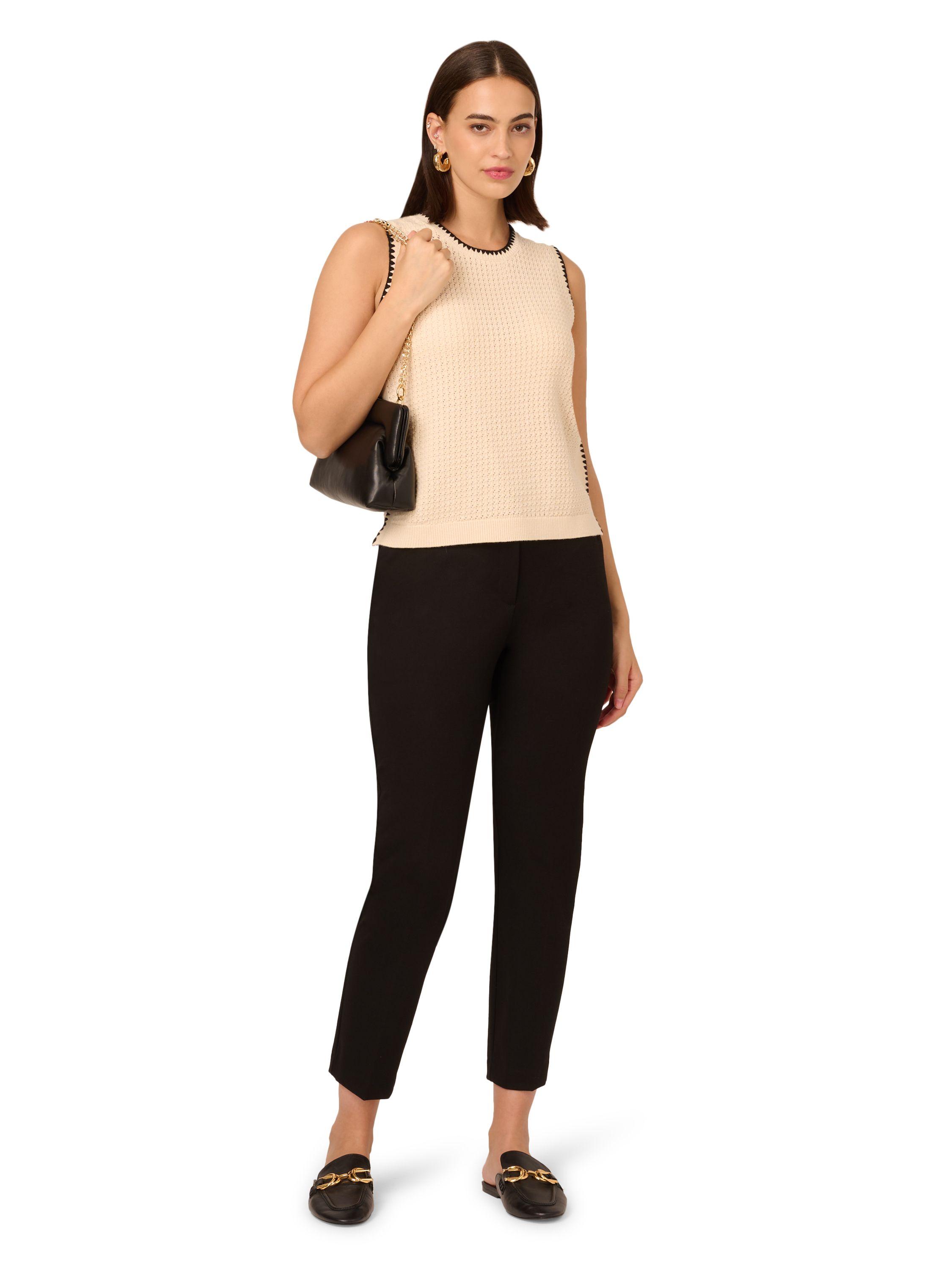 Sleeveless Contrast Whipstitch Open Weave Crew Neck Sweater by ADRIANNA PAPELL