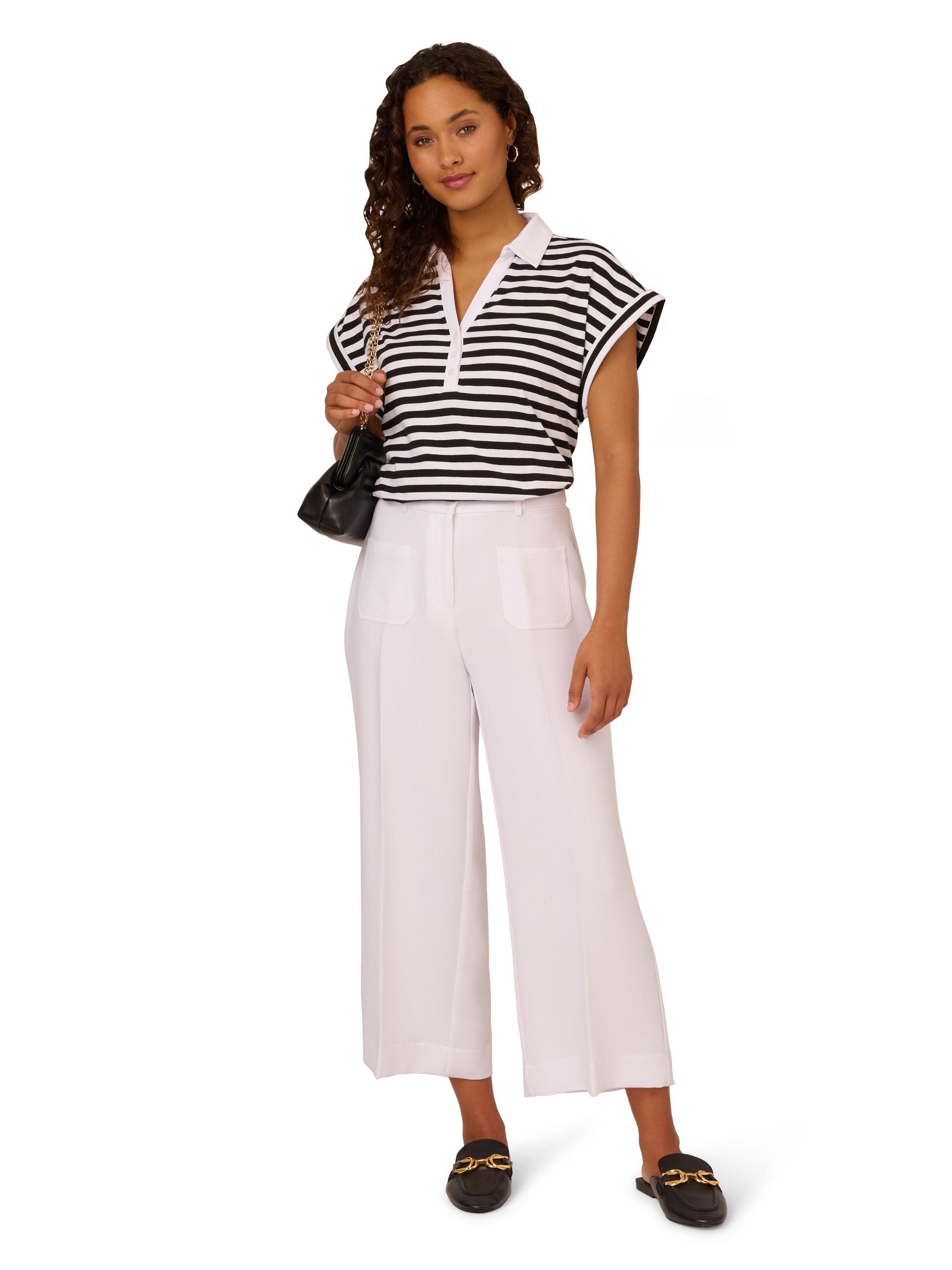 Striped Button Front Striped Cropped Knit Polo by ADRIANNA PAPELL Striped Button Front Striped Cropped Knit Polo by ADRIANNA PAPELL
