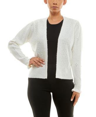 Women's Long Sleeve Novelty Stitch Front Sweater Cardigan with Imitation-Pearls by ADRIENNE VITTADINI