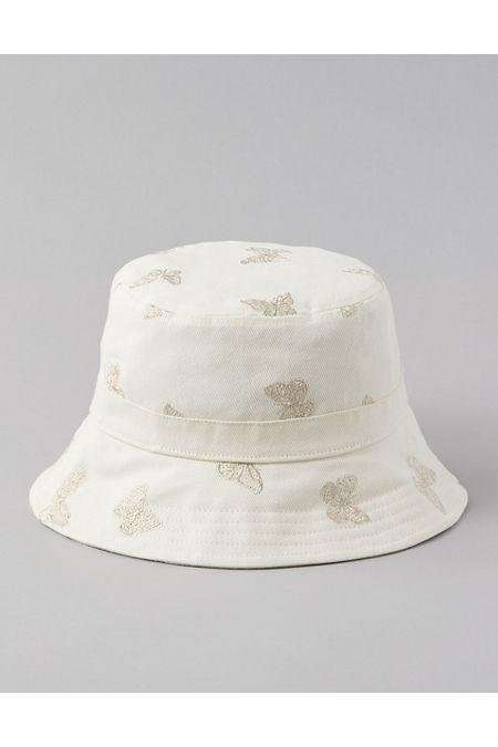 AE Embroidered Butterfly Bucket Hat Women's Ecru Denim One Size by AE