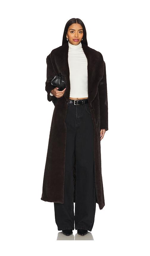 AEXAE Faux Fur Long Line Belted Coat in Chocolate by AEXAE