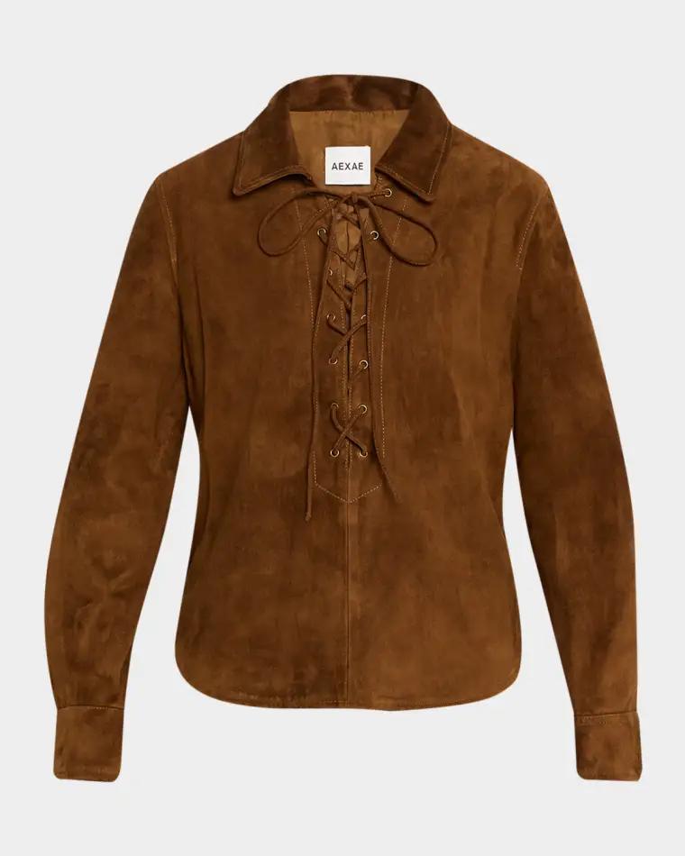 Long-Sleeve Lace-Up Suede Top by AEXAE