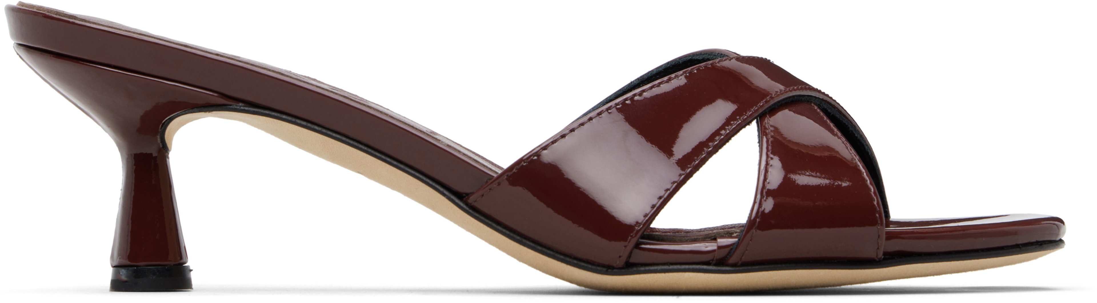 Burgundy Vero Patent Leather Mule Heeled Sandals by AEYDE