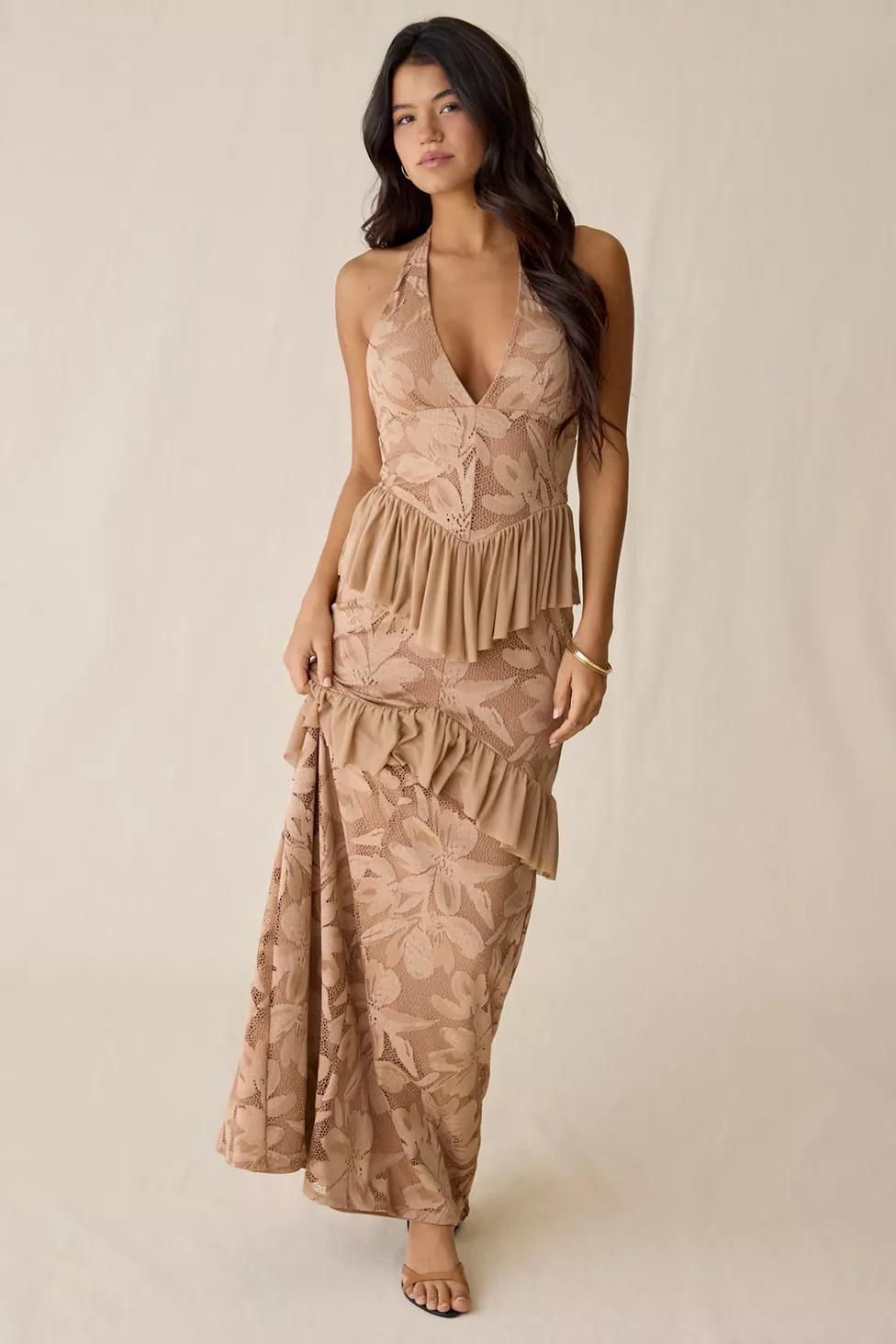 AFRM Athens Almond Crochet Lace Halter Maxi Dress by AFRM