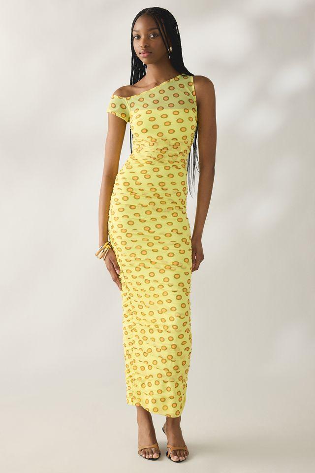 AFRM Biona Deco Dot Ruched Mesh One-Shoulder Midi Dress by AFRM