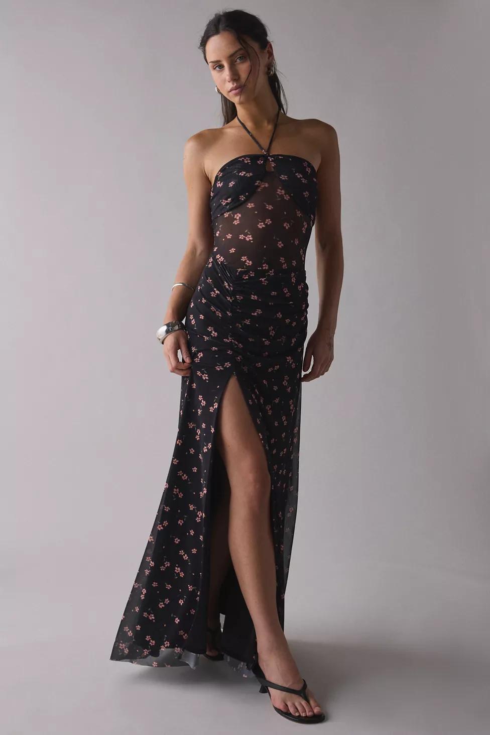 AFRM Britta Ruched Mesh Y-Neck Halter Maxi Dress by AFRM