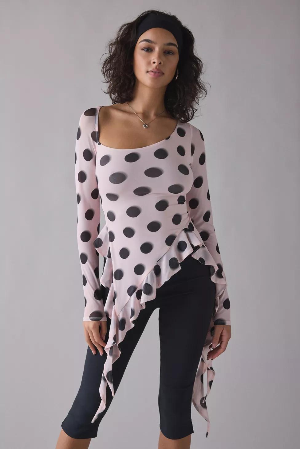 AFRM Doris Asymmetric Ruffle Long Sleeve Mesh Top by AFRM