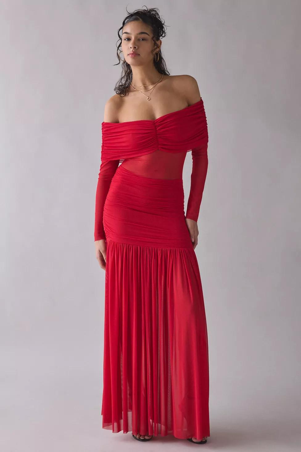 AFRM Emmeline Kiss Red Sheer Mesh Off-The-Shoulder Maxi Dress by AFRM