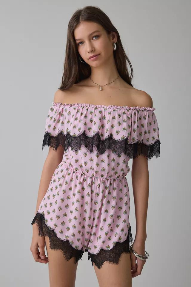 AFRM Emun Lace Trim Ruffle Off-The-Shoulder Romper by AFRM