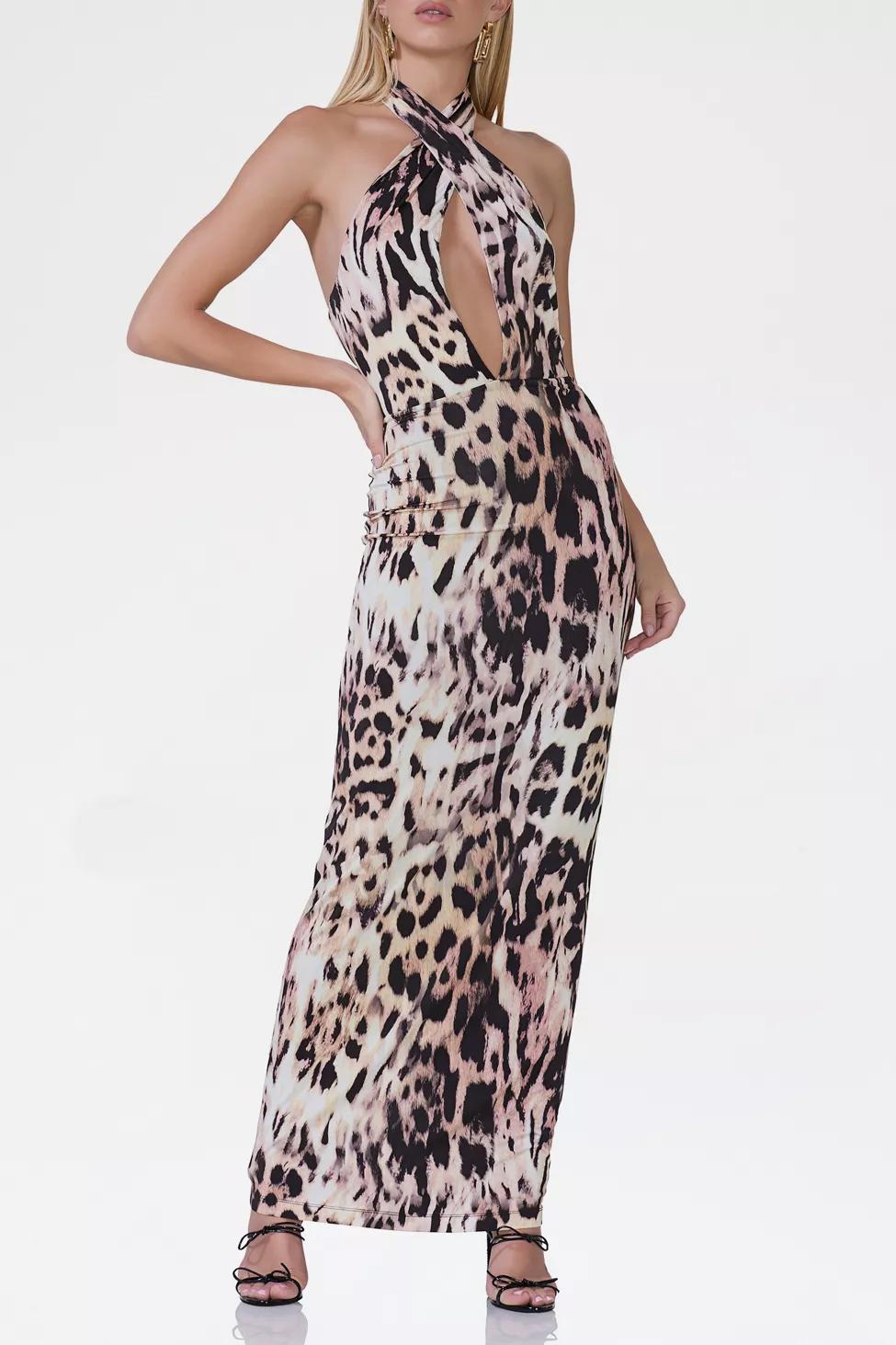 AFRM Genie Leopard Print Jersey Knit Halter Tie Maxi Dress by AFRM