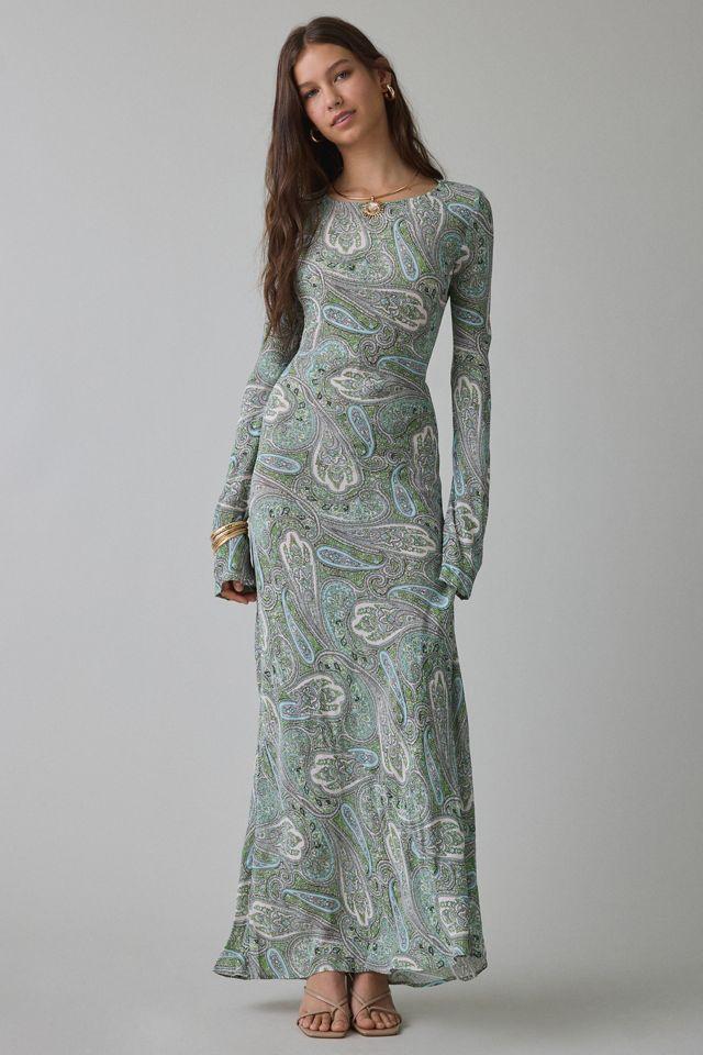 AFRM Jetta Aqua Paisley Mesh Long Sleeve Maxi Dress by AFRM