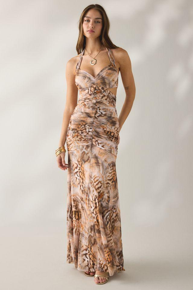 AFRM Lynn Ember Swirl Shell Ruched Side Cutout Halter Maxi Dress by AFRM
