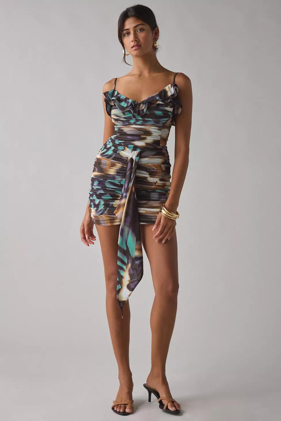 AFRM Mackie Feather Swirl Ruched Cascading Ruffle Mini Dress by AFRM