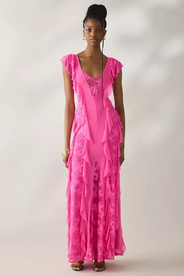 AFRM Trista Brilliant Pink Cascading Ruffle Lace Maxi Dress by AFRM
