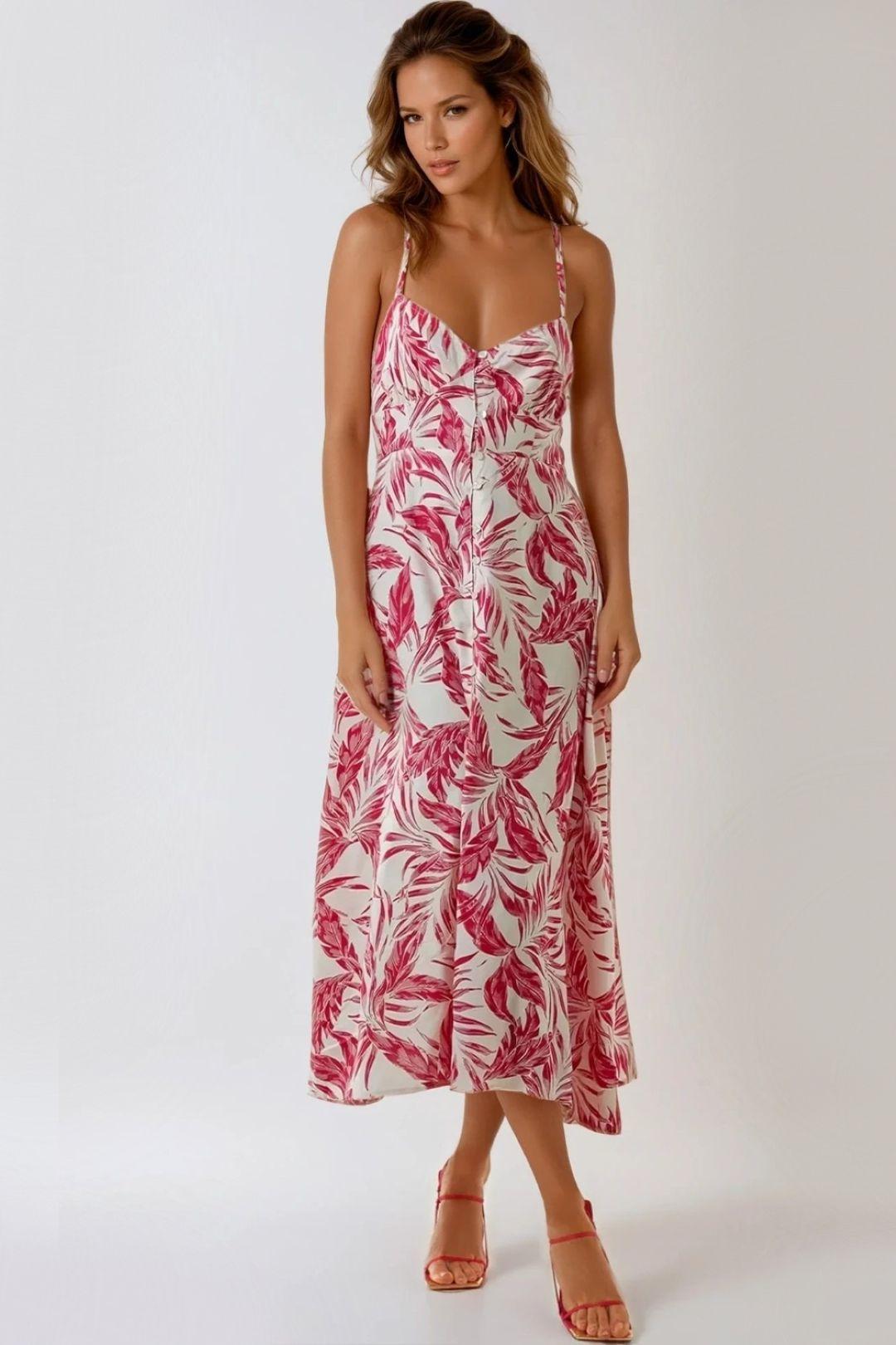 Leaf Print Lace Up Back Midi Dress by AFTERSHOCK LONDON