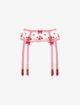 Cupid bow-embellished semi-sheer mesh suspender belt by AGENT PROVOCATEUR