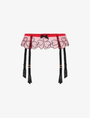 Maysie heart-embroidered mesh suspenders by AGENT PROVOCATEUR