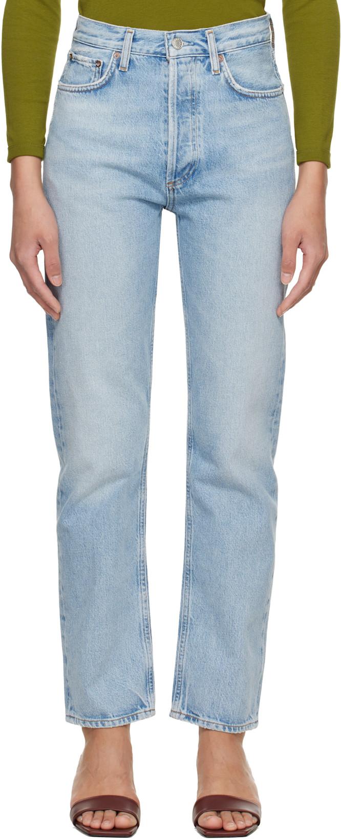 Blue 90's Pinch Waist High Rise Straight Jeans by AGOLDE