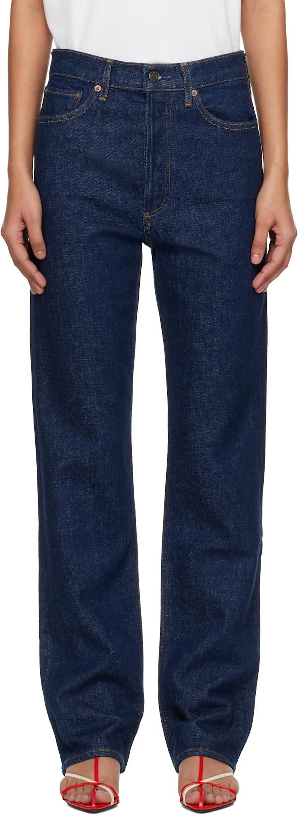 Navy 90's Pinch Waist High Rise Straight Long Jeans by AGOLDE