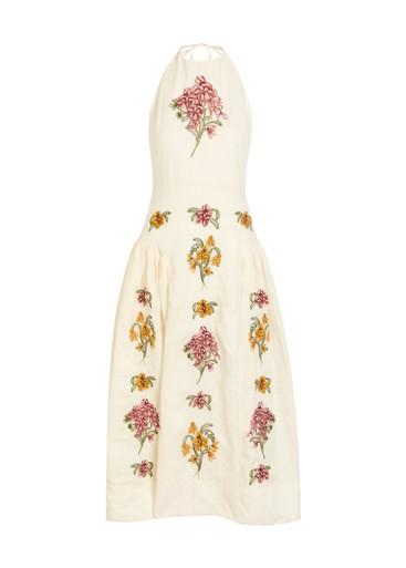 Balsa floral-embroidered linen midi dress by AGUA BY AGUA BENDITA