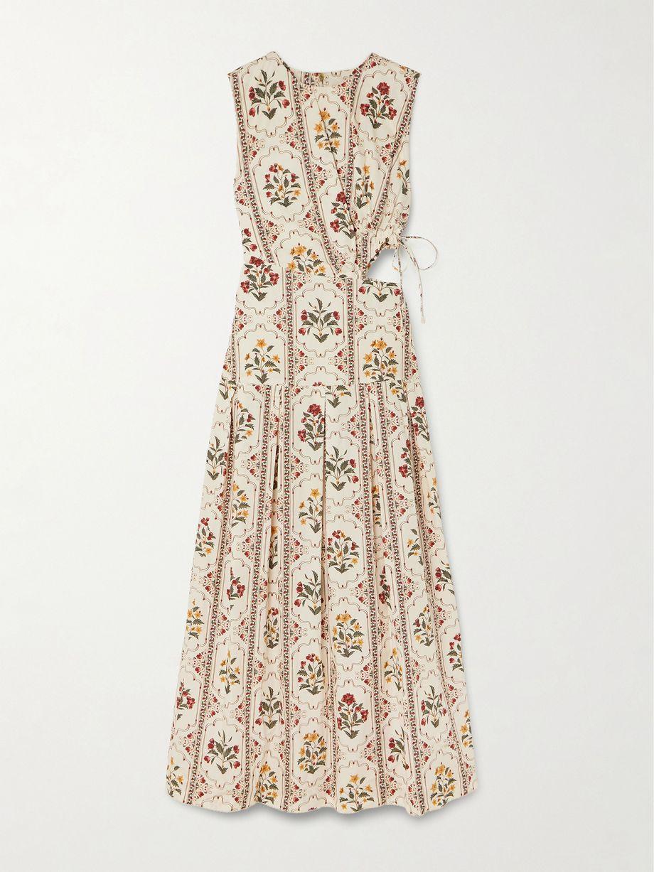 Otoño Andes embellished cutout pleated printed cotton midi dress by AGUA BY AGUA BENDITA