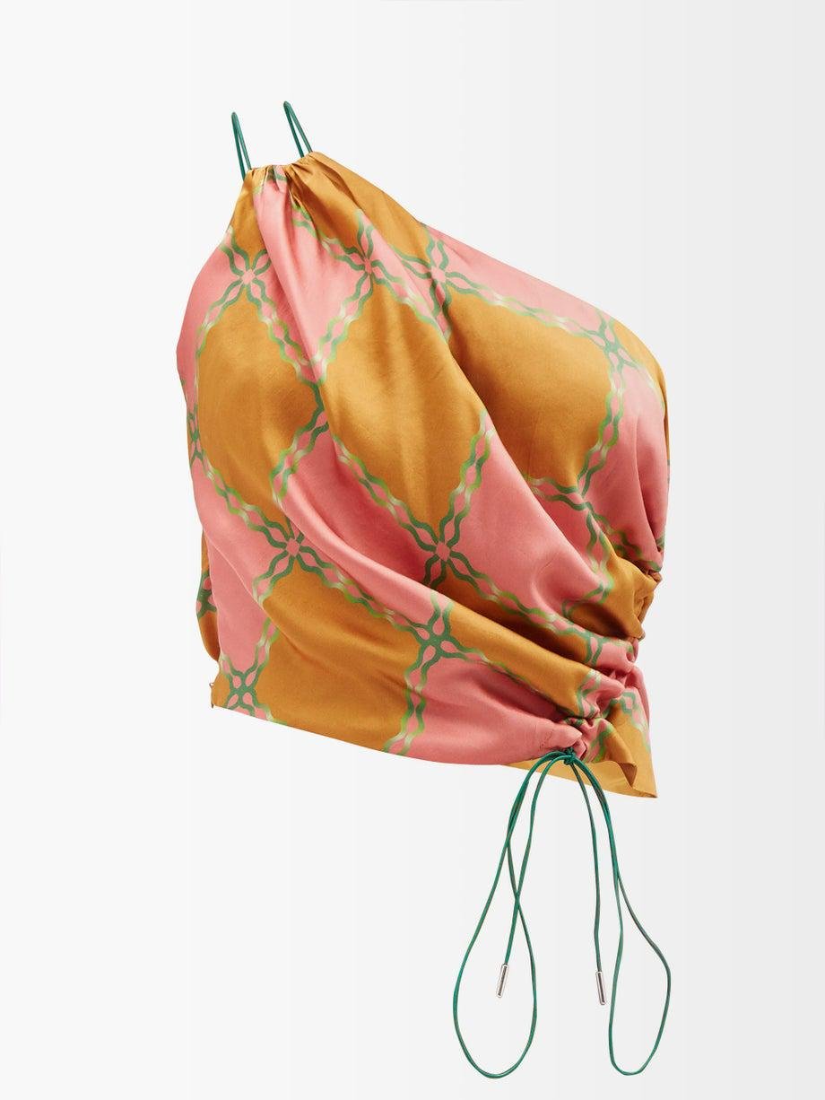 Turmeric printed silk draped one-shoulder top by AHLUWALIA