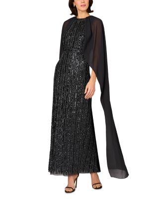 Beaded Cape Long Dress by AIDAN MATTOX
